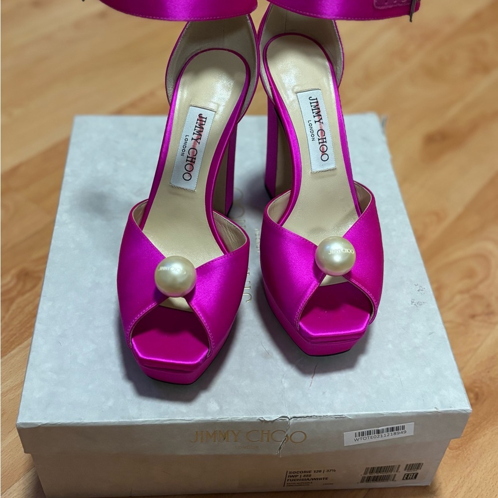 Jimmy Choo Pink Satin Heels with Pearl Detail